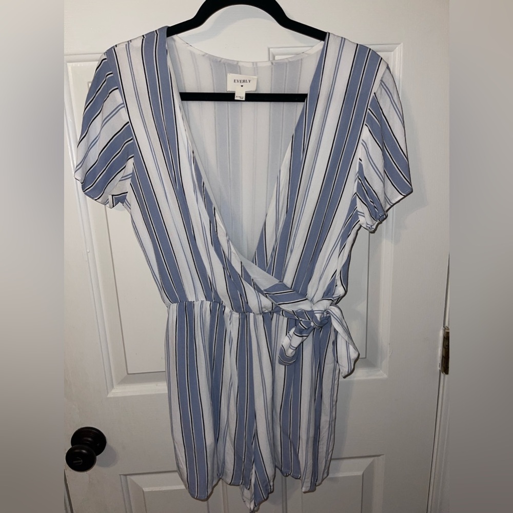 Powder Blue and White Striped Romper with Tie